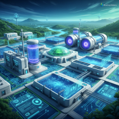 Modern digital illustration of a futuristic water treatment facility with AI integration, featuring a blue and green color scheme.