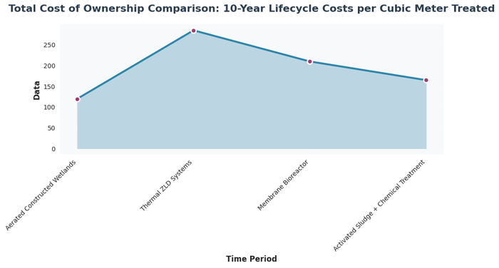 Bar chart showing 10-year total cost of ownership for different wastewater treatment systems, with aerated constructed wetlands at $120 per cubic meter versus $285 for thermal ZLD systems