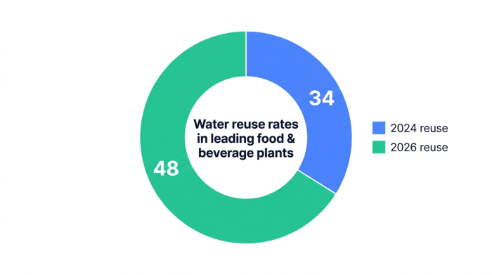 Pie chart showing water reuse rates in leading food & beverage plants — data visualization for average water reuse rate (%)