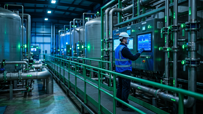 Industrial water treatment plant interior with an operator inspecting instrumentation, representing BlueDrop Waters integrated reuse solutions