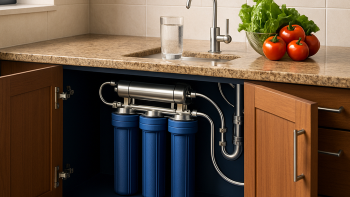 Well-lit modern kitchen with open cabinet revealing under-sink reverse osmosis system with blue filter housings, chrome pipes, and dedicated RO faucet with fresh vegetables and clear water glass on countertop