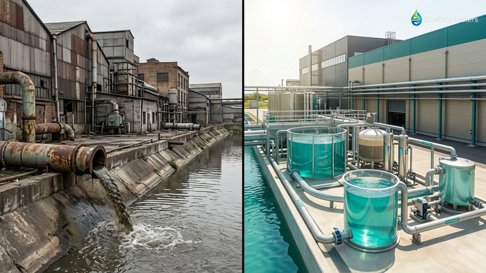 Side-by-side comparison of traditional industrial wastewater discharge versus modern zero liquid discharge water recycling systems showing the evolution from linear waste to circular water economy