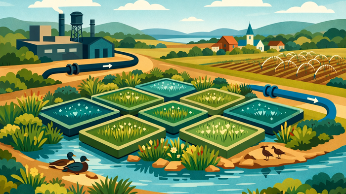 Aerial flat illustration of an aerated constructed wetland integrated into a community landscape with nature habitat and treated water reuse flow