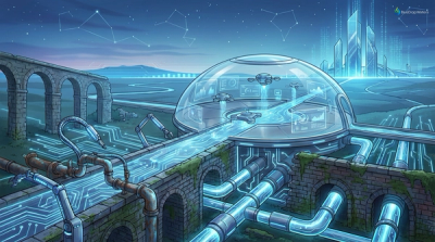 Futuristic illustration of AI integrating with traditional water systems, featuring circuits and irrigation.