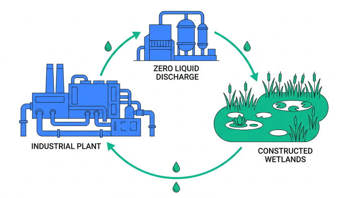 Flat illustration of BlueDrop Waters integrated full stack water solution ecosystem linking an industrial plant, ZLD unit, constructed wetlands, and a closed water reuse loop