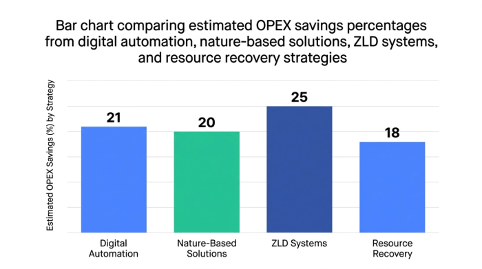 Bar chart showing bar chart comparing estimated opex savings percentages from digital automation, nature-based solutions, zld systems, and resource recovery strategies — data visualization for estimated opex savings (%) by strategy