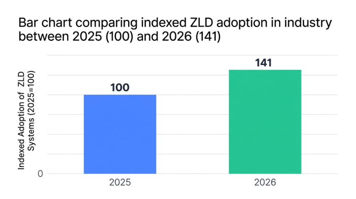 Bar chart showing bar chart comparing indexed zld adoption in industry between 2025 (100) and 2026 (141) — data visualization for indexed adoption of zld systems (2025=100)