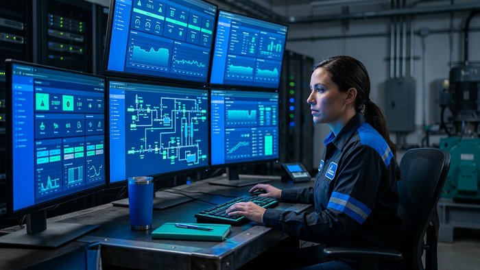 Operator in an industrial water treatment plant control room monitoring live sensor data and plant schematics on multiple screens
