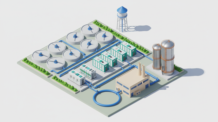 Isometric illustration of an industrial and municipal wastewater treatment complex with clarifier tanks, membrane units, a ZLD evaporator-crystallizer, and a blue pipe loop returning reclaimed water to a factory, set within a green landscaped site.