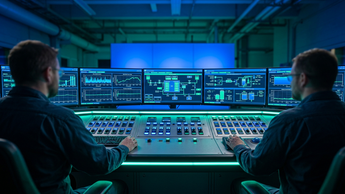 Editorial photograph of a water treatment plant control room with monitors showing system status graphs, illustrating digital PFAS monitoring