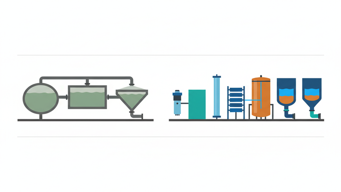 Side-by-side flat illustration comparing a simple three-tank conventional effluent treatment plant with a more complex six-stage PFAS-ready ZLD treatment train including membranes, brine concentrator, and crystallizer.