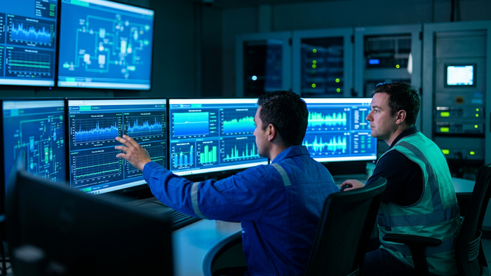 Operations team in a control room monitoring hybrid water treatment plant data on screens