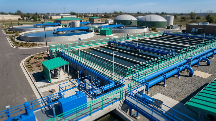 Aerial editorial photograph of a modern municipal wastewater treatment plant with digesters and covered tanks under daylight