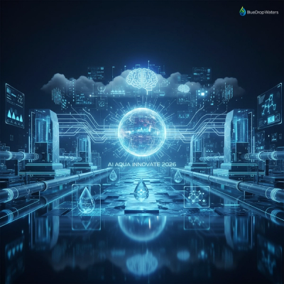 Futuristic collage depicting AI and water technology with a vibrant and modern design.