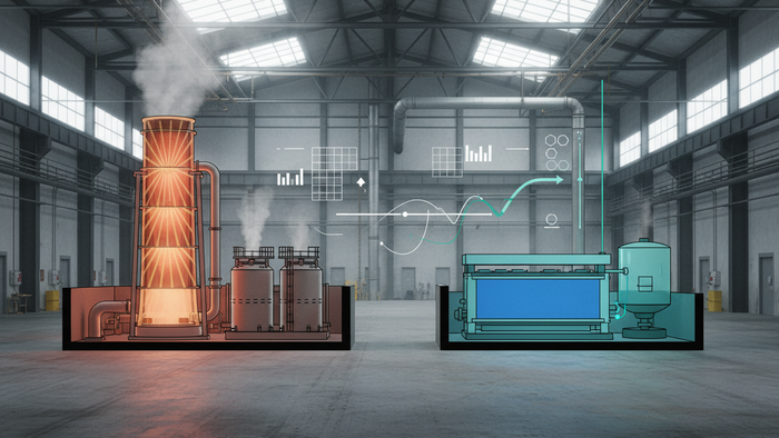 Side-by-side illustration comparing a tall thermal ZLD evaporation tower with a compact hybrid membrane-plus-thermal unit on an industrial plant floor