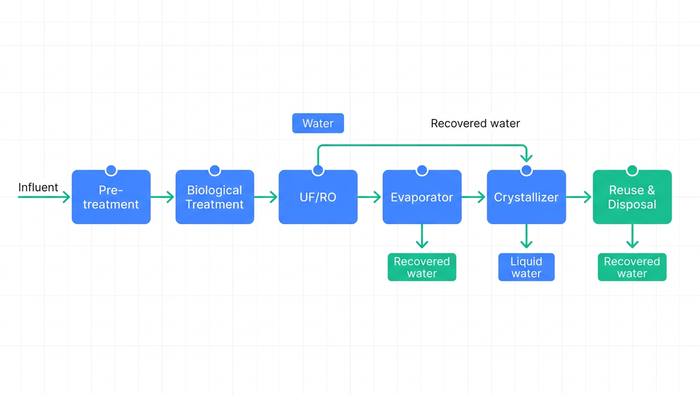 Left-to-right process flow diagram of a hybrid ZLD system for food and beverage wastewater, showing six labeled stages