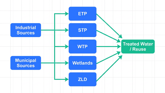 Flow diagram showing industrial and municipal wastewater sources branching into ETP, STP, WTP, Wetlands, and ZLD treatment nodes
