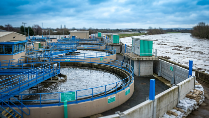 Municipal wastewater treatment plant beside a swollen river with flood barriers and raised electrical equipment