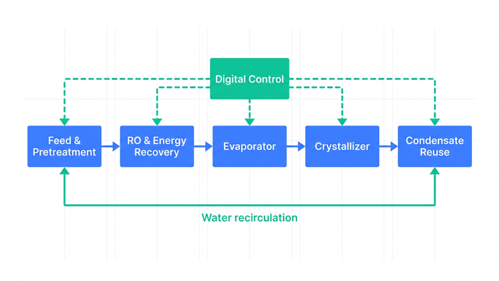 Block flow diagram of a low energy ZLD plant showing energy flow from feed and pretreatment through RO, evaporator, crystallizer, condensate reuse, and digital control loop