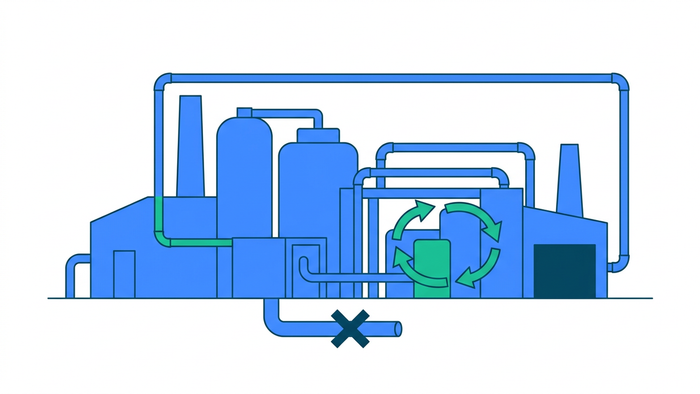 Conceptual illustration of a food and beverage plant with a closed water loop and a blocked discharge outlet showing zero liquid discharge