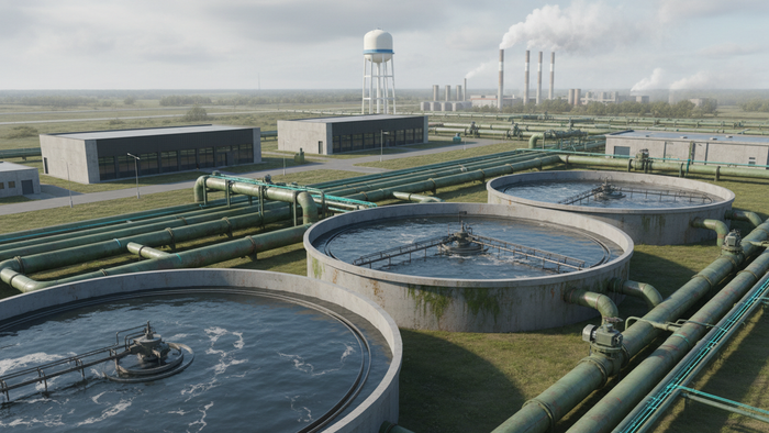 A large industrial wastewater treatment facility with outdoor settling tanks and pipe infrastructure in the foreground, and a municipal water tower and factory smokestacks in the background.