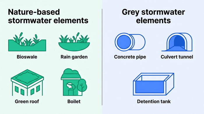Side-by-side flat illustration labeling nature-based stormwater elements versus grey stormwater elements