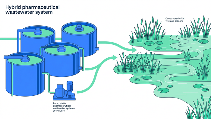 Flat editorial illustration of industrial treatment tanks on the left transitioning into a green constructed wetland on the right