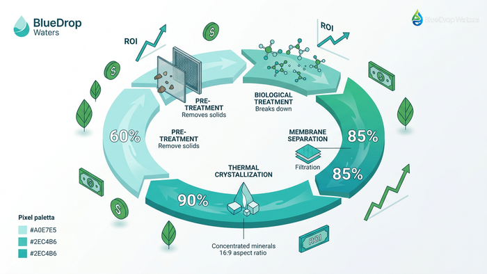 Circular water treatment process flow diagram showing four ZLD system stages with recovery rates, cost savings icons, and ROI metrics illustrating comprehensive industrial wastewater treatment benefits