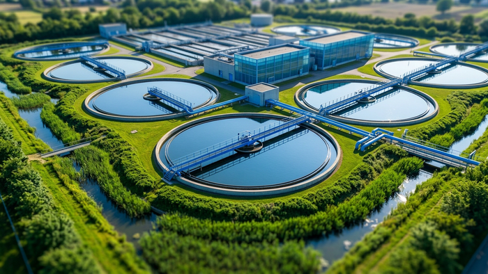 Aerial view of a modern municipal wastewater treatment facility with circular clarifier tanks and clear water channels