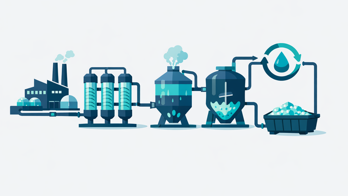 Flat illustration of a Zero Liquid Discharge industrial water treatment process flow showing membrane filtration, evaporation, and water recovery stages