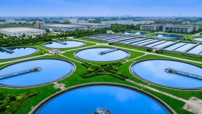 Aerial view of an industrial park with visible water treatment basins and green landscaping representing wastewater reuse infrastructure