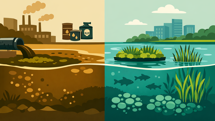 Flat illustration showing the ecological transformation of a polluted urban lake into a healthy, biodiverse waterbody through bioremediation