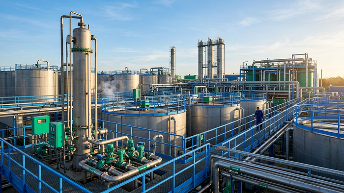 Wide editorial photograph of an industrial ZLD wastewater treatment facility with evaporators and tanks in daylight