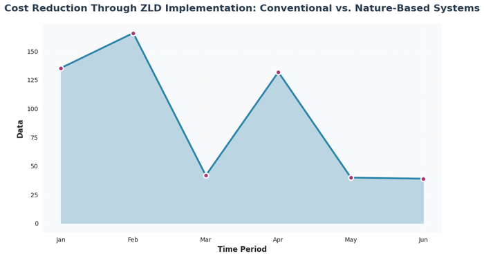 Line chart comparing cumulative costs over seven years between conventional ZLD systems and nature-based constructed wetland systems, showing nature-based solutions achieving breakeven 1.5 years faster and generating ₹35 lakh greater savings by year 7
