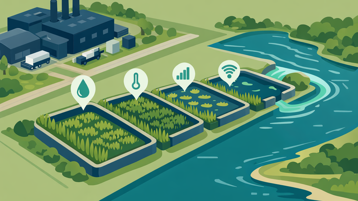 Aerial flat illustration of an industrial facility with sequential aerated constructed wetland treatment cells, aquatic plants, IoT monitoring indicators, and a final clean water outflow — in deep teal, sage green, and navy brand colors