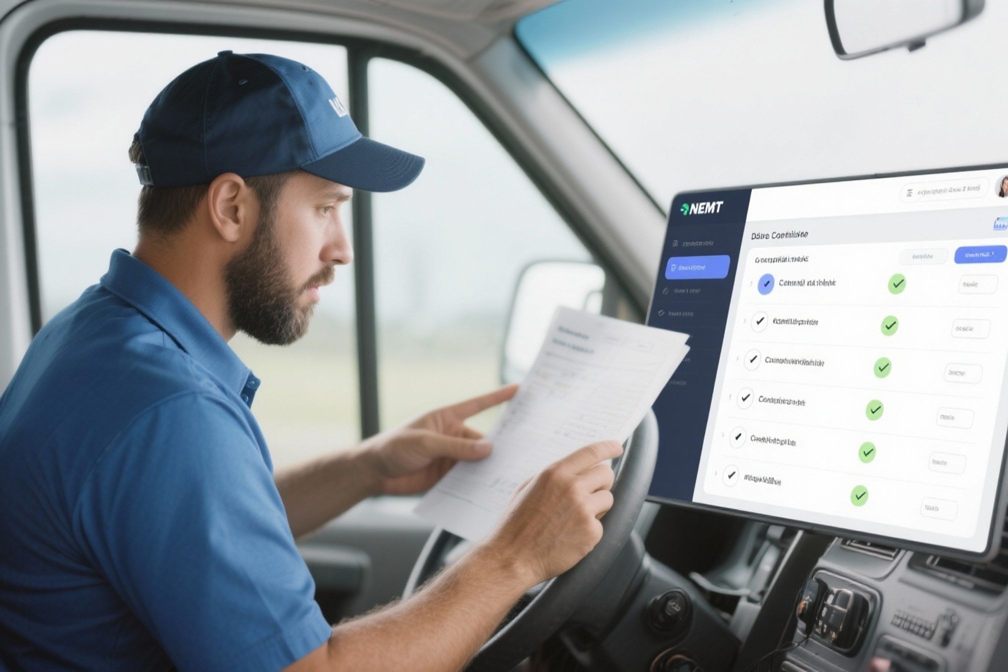 NEMT driver reviewing compliance checklist with dispatch software interface