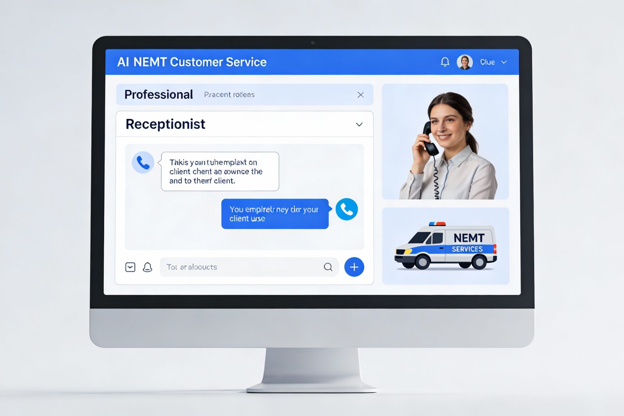 "AI receptionist interacting with a client in a modern NEMT office, showcasing efficiency and technology in customer service for non-emergency medical transportation.