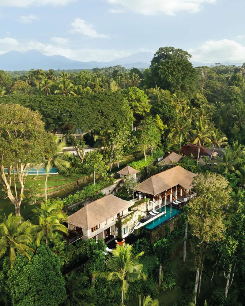 Aerial view of the COMO Shambhala Estate grounds with mountains beyond