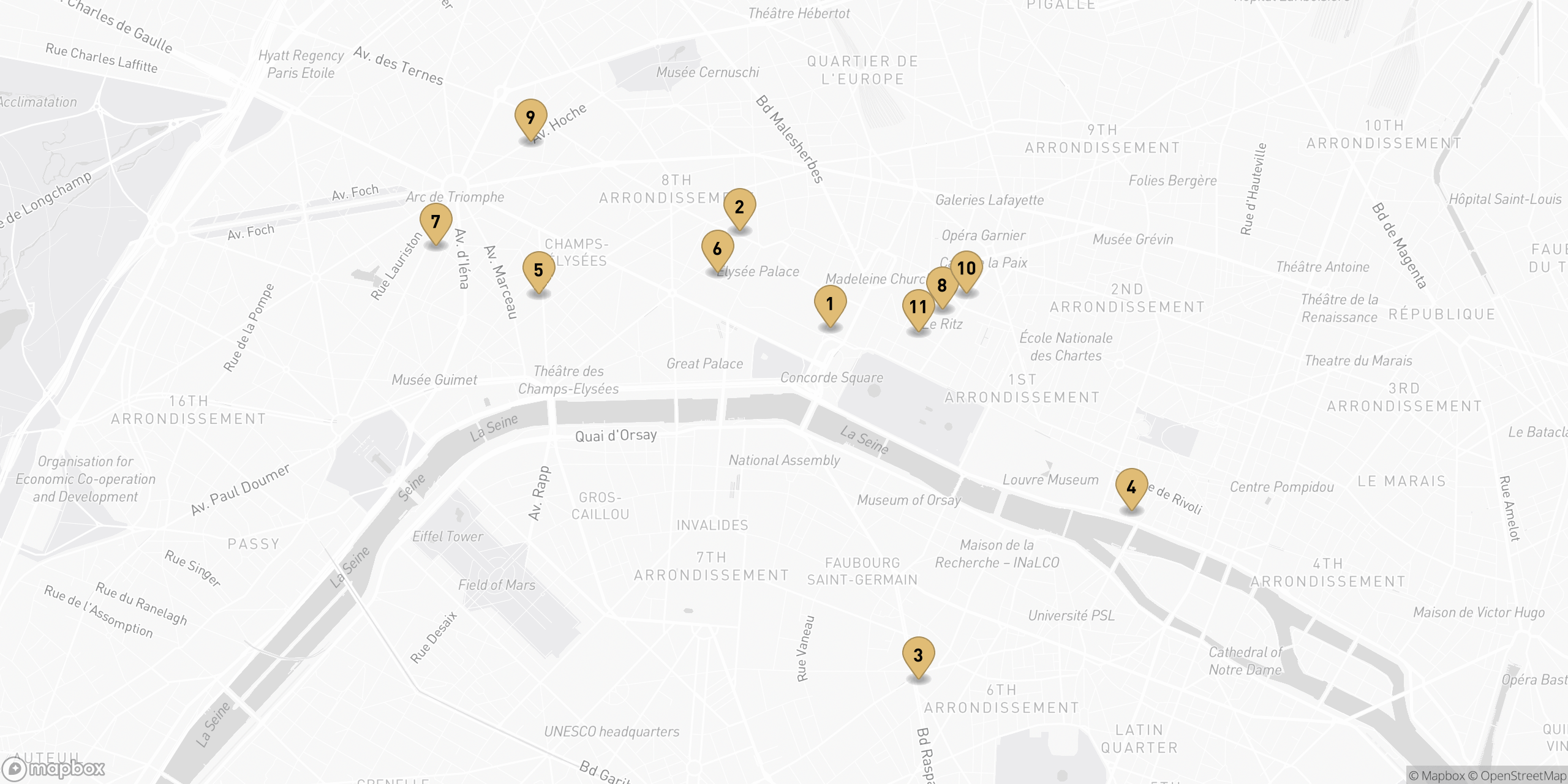 Map of the best luxury hotels in Paris, pinned by Fat Score rank