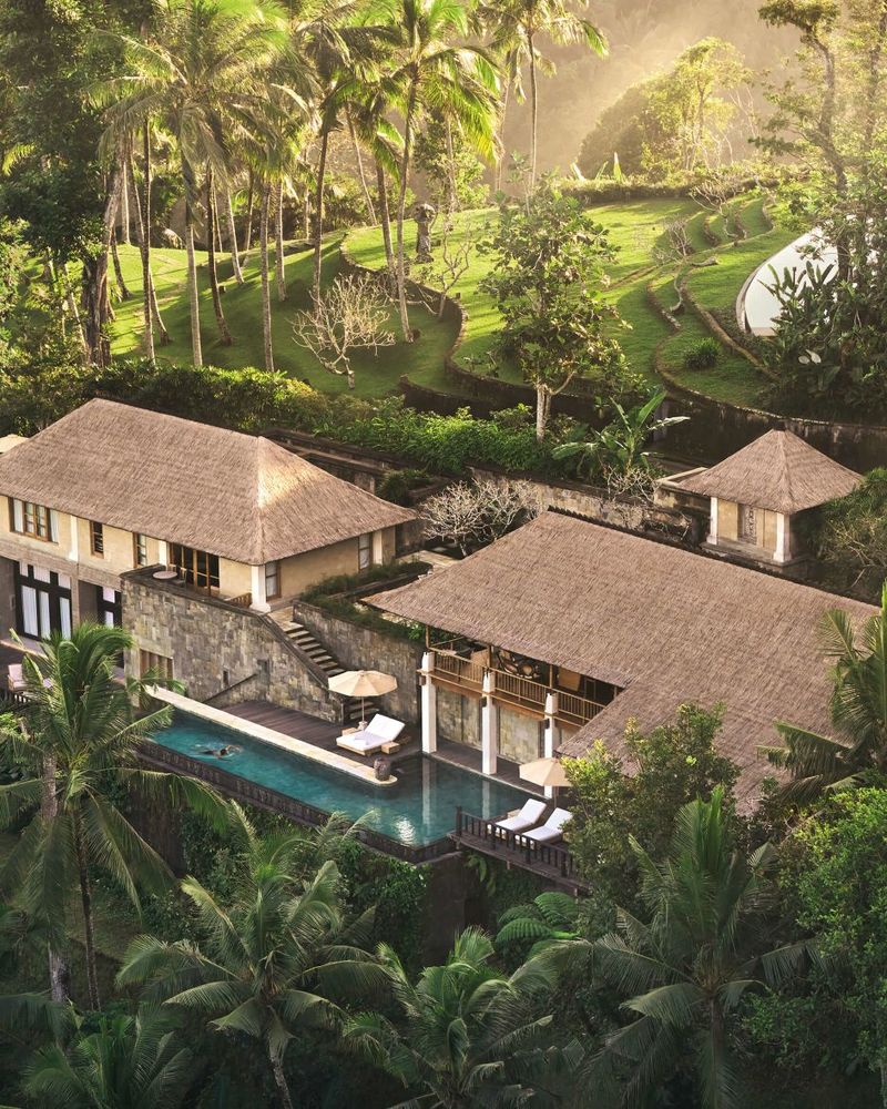 Aerial view of a COMO Shambhala Estate residence and private pool set in the Ubud jungle