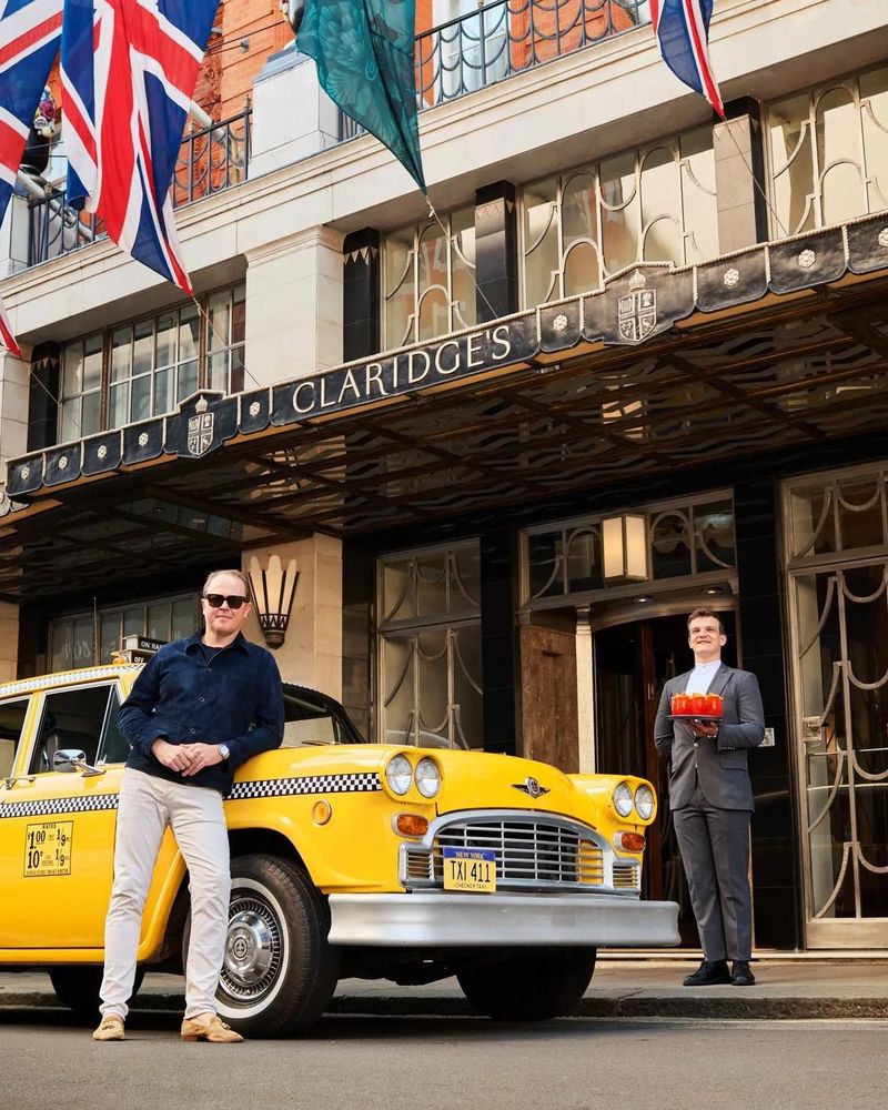 Claridge's Art Deco entrance canopy and doorman on Brook Street, Mayfair