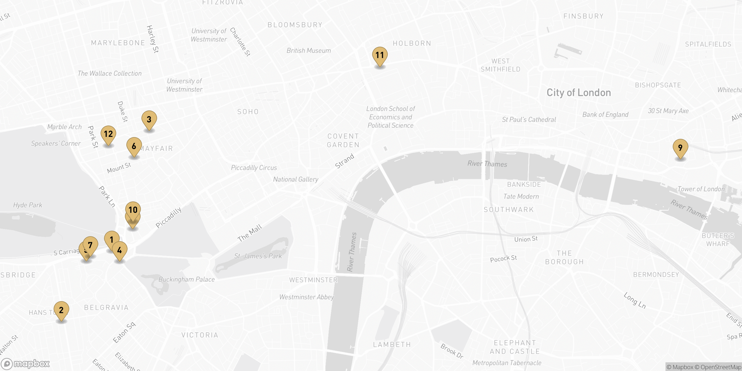 Map of the best luxury hotels in London, pinned by Fat Score rank