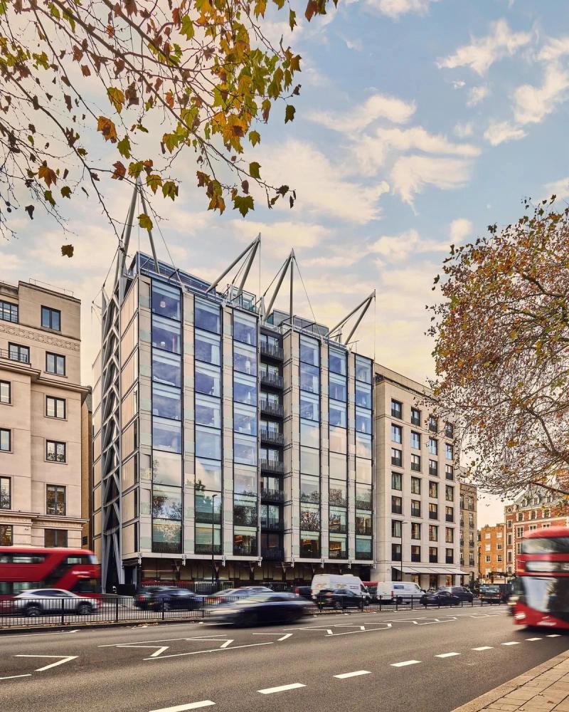 The Emory's glass, sail-masted facade on Knightsbridge, Belgravia