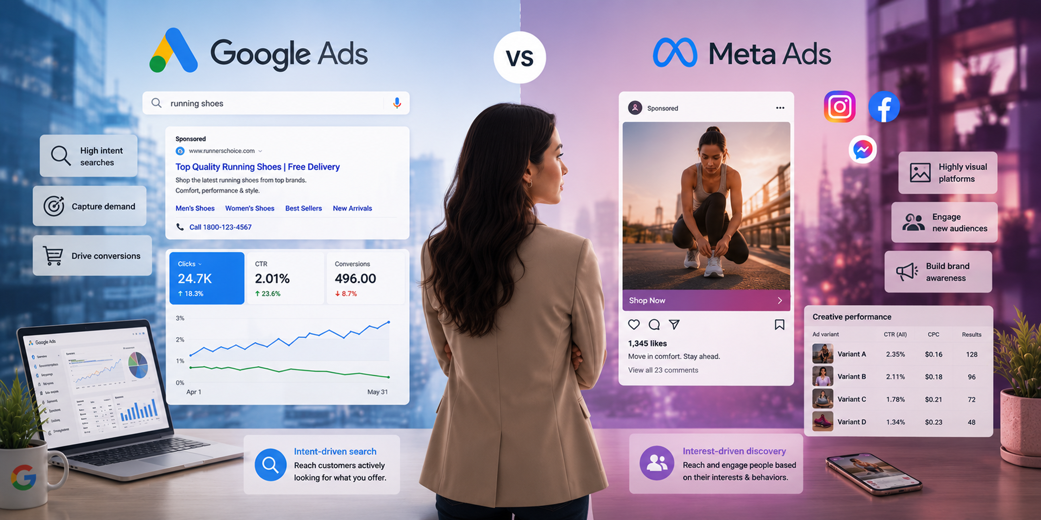 alt='A professional comparison banner showing a business professional standing between Google Ads and Meta Ads interfaces.'