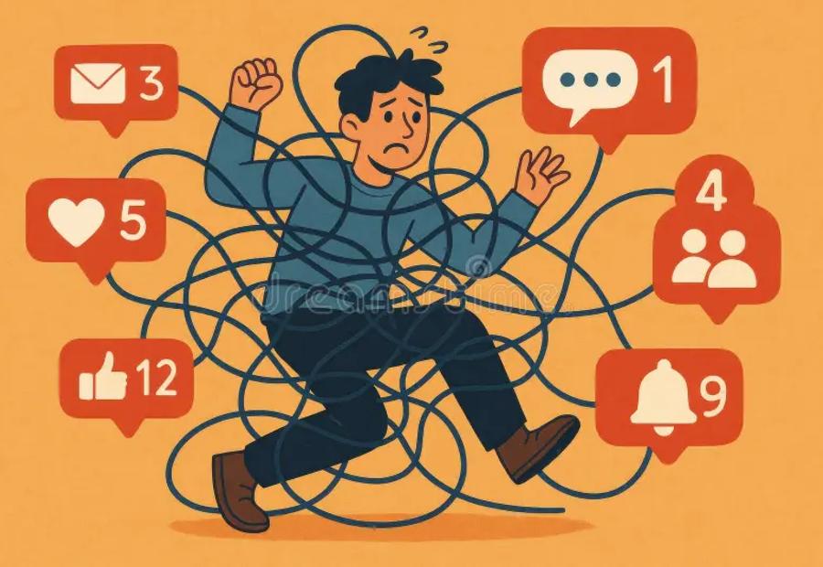 A cartoon man looking stressed due to the many notifications he has from multiple apps 