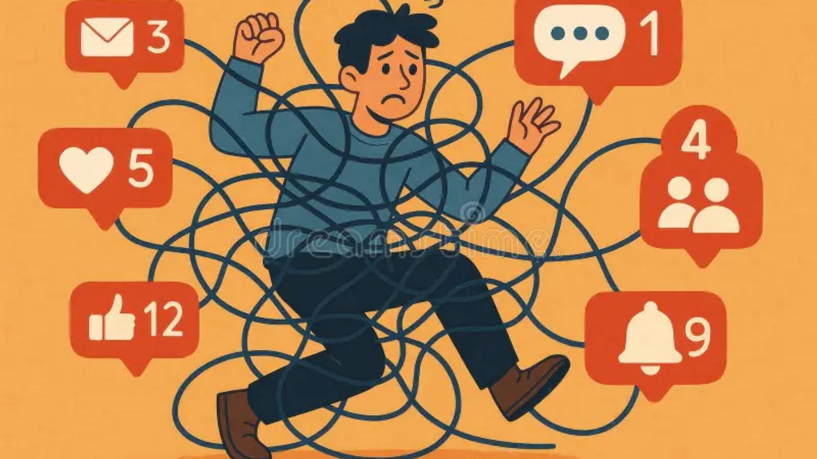 A cartoon man looking stressed due to the many notifications he has from multiple apps