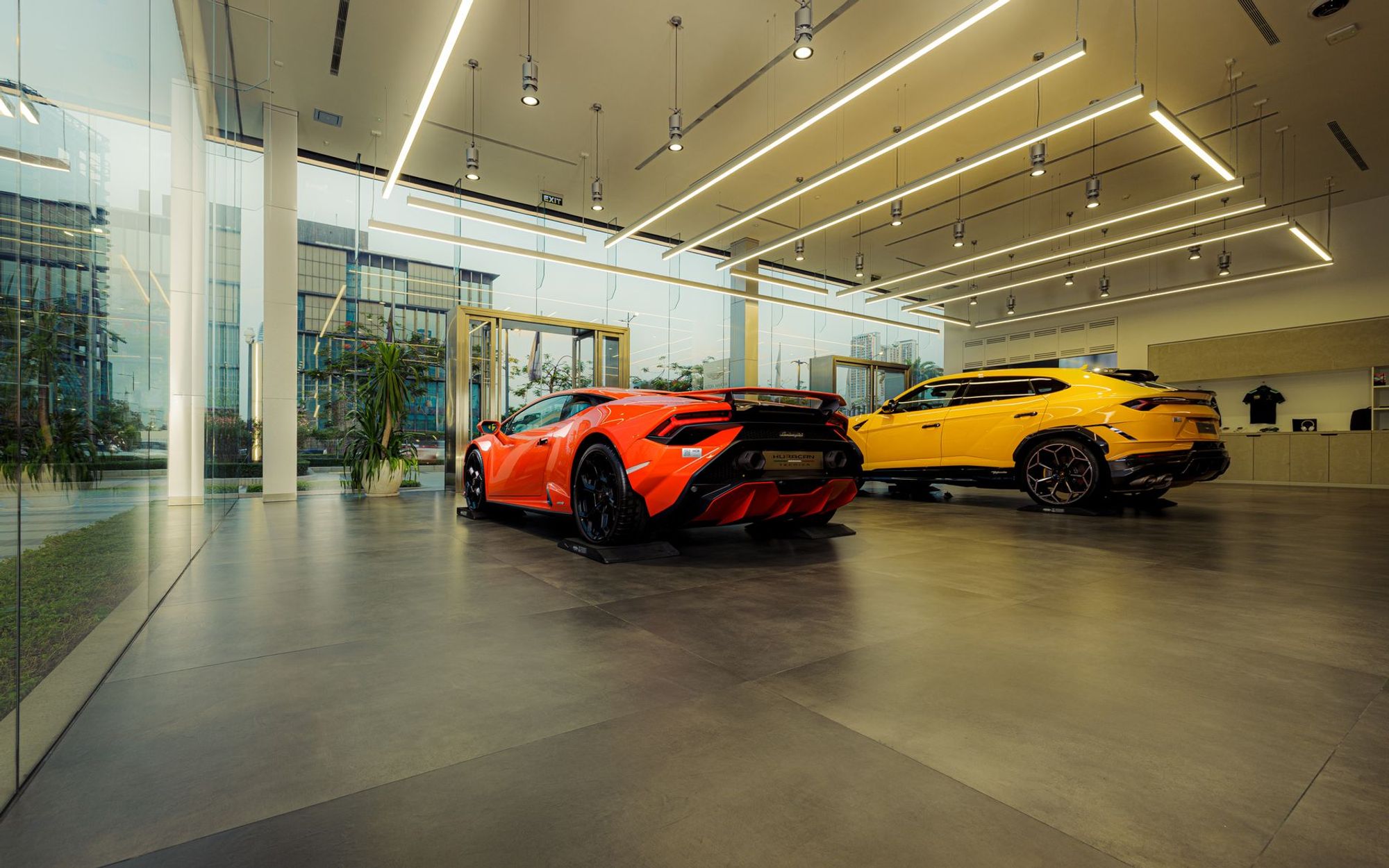Luxury cars displayed in a showroom