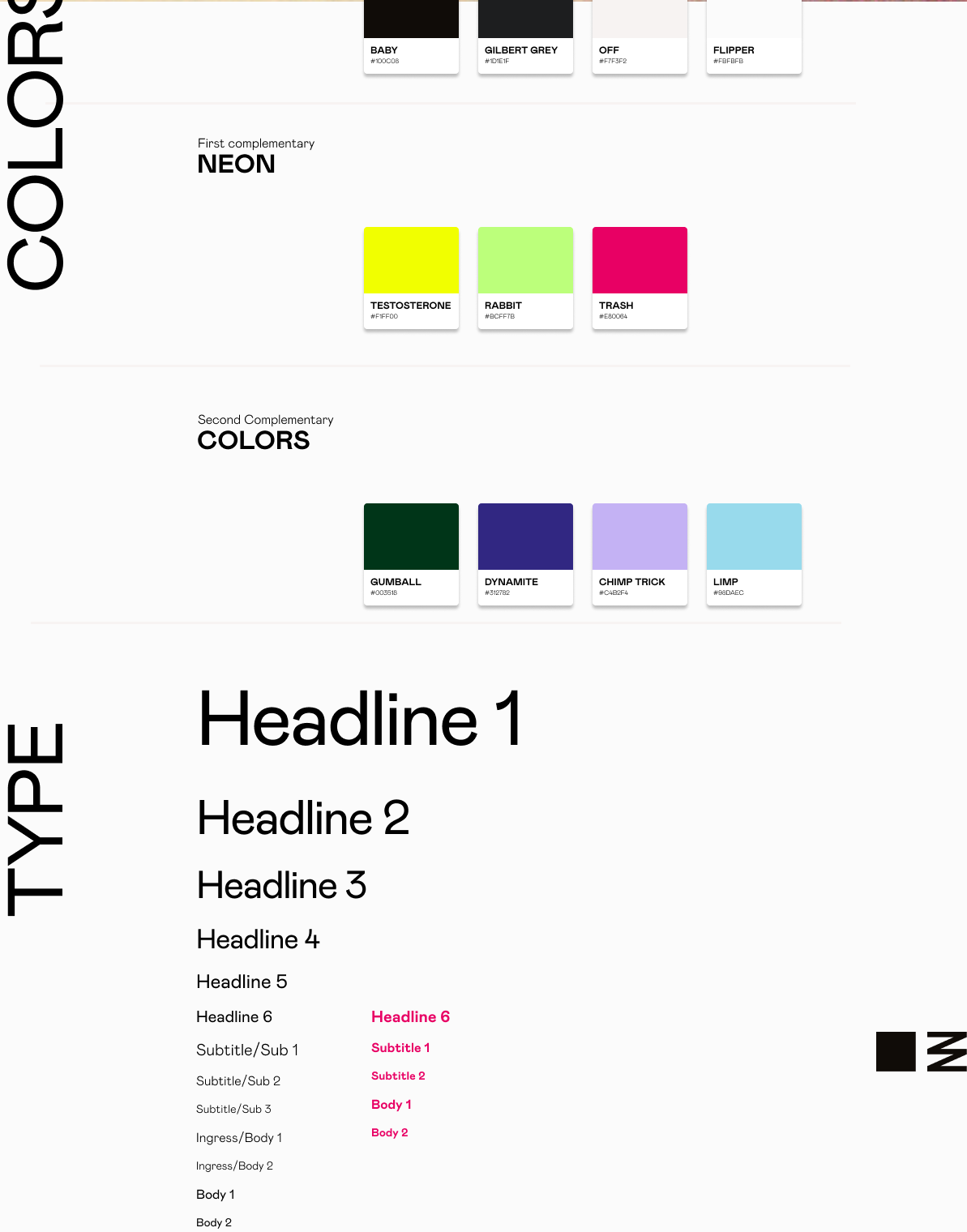 En blick över ett visuellt designsystem som har samlat olika komponenter i ett varumärke. I bild syns rubriken colour med tillhörande 11 färger samt deras HEX-koder, Samt rubriken "Type" med tillhörande rubrikstorlekar.
