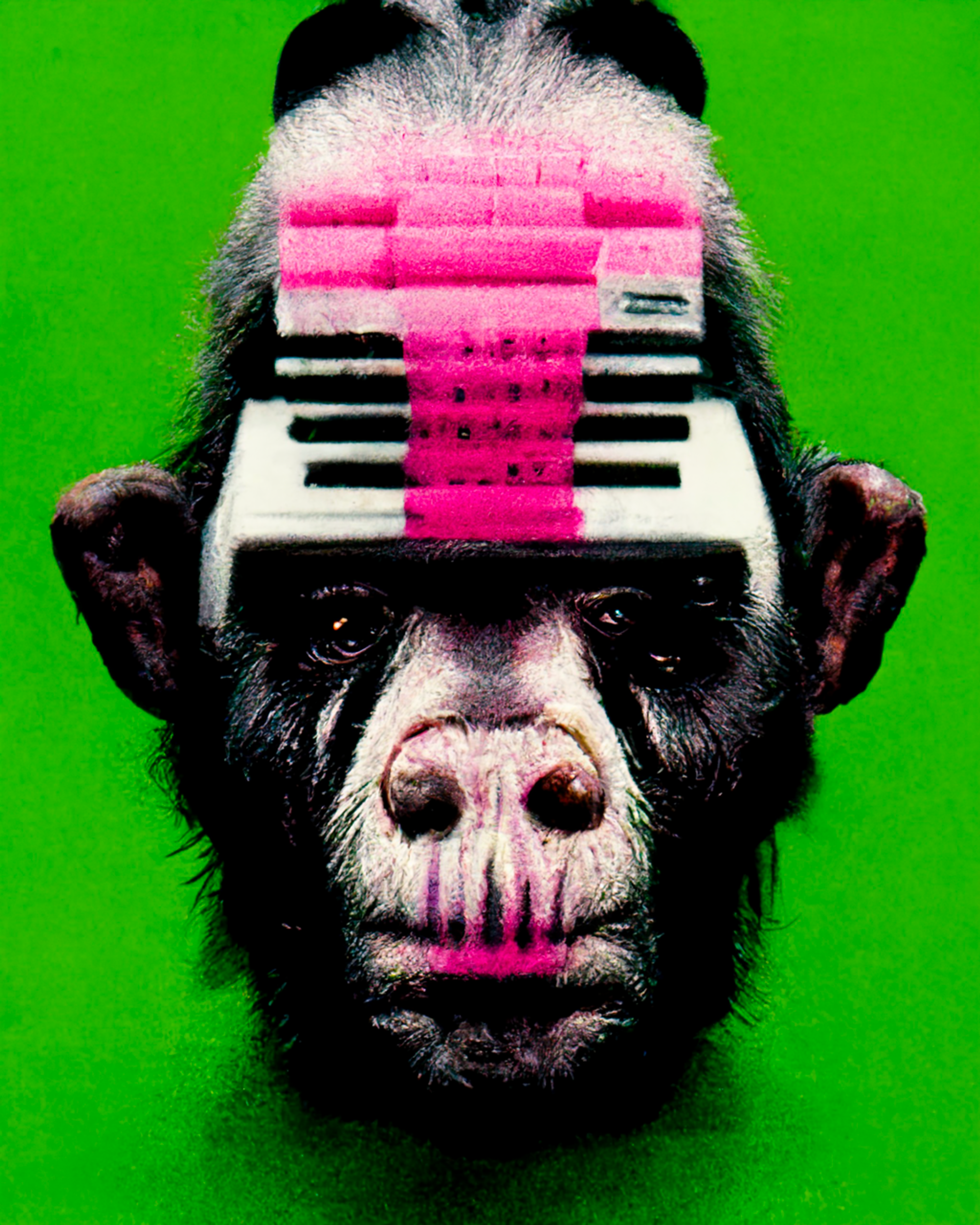 Bild genererad från midjourney, föreställande en schimpans huvud med något som påminner om papiljotter på huvudet. 