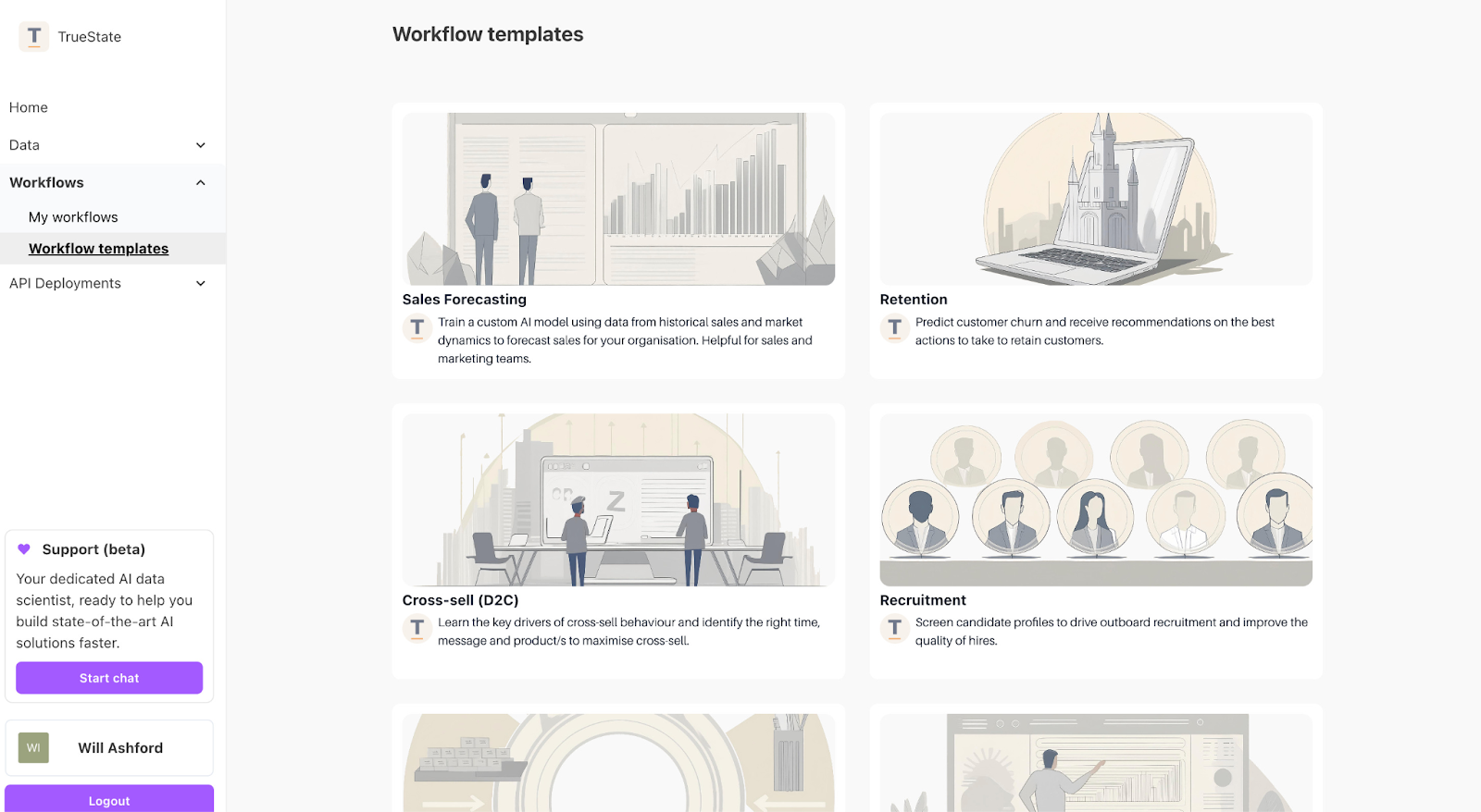 TrueState Platform enables customers to choose from AI templates.